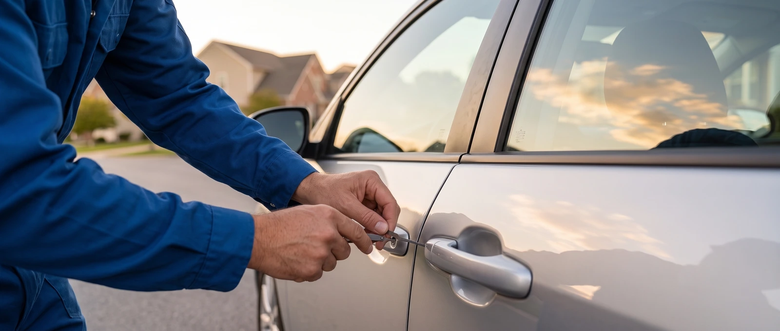 Car locksmith Hand opening a car door lock with a slim tool