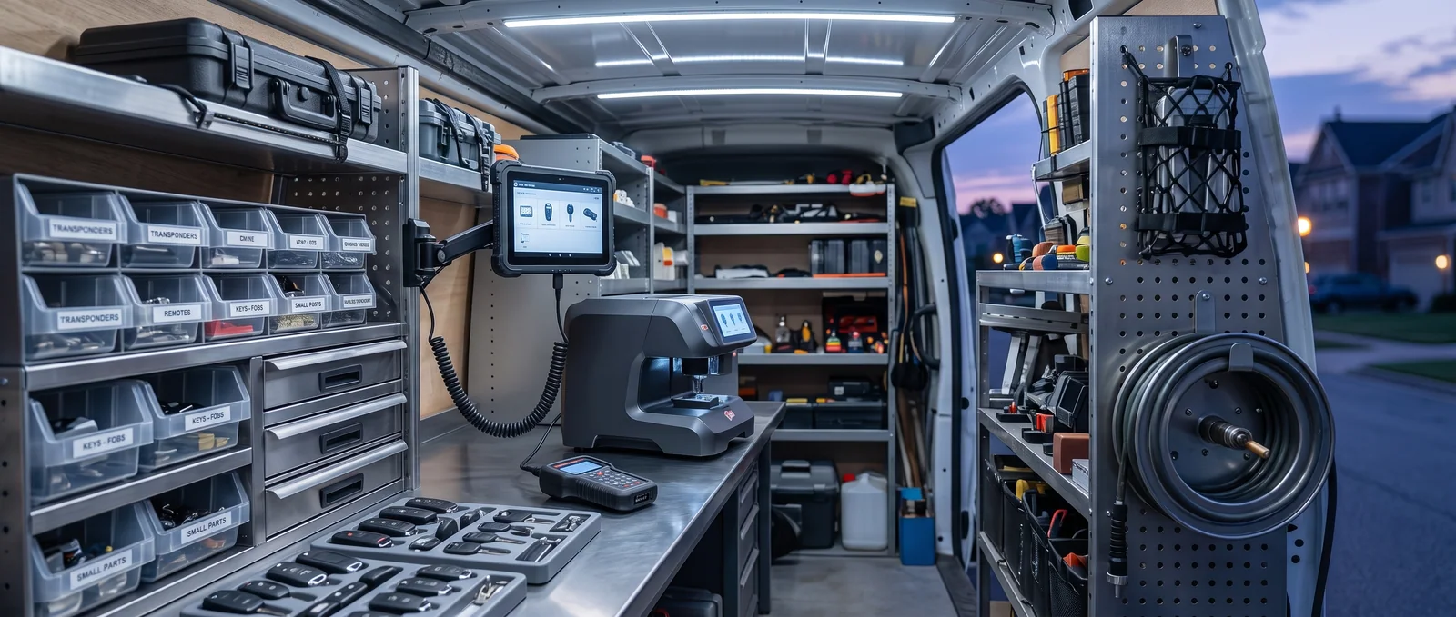 Car key replacement Key cutting machine and transponder drawers inside a locksmith van