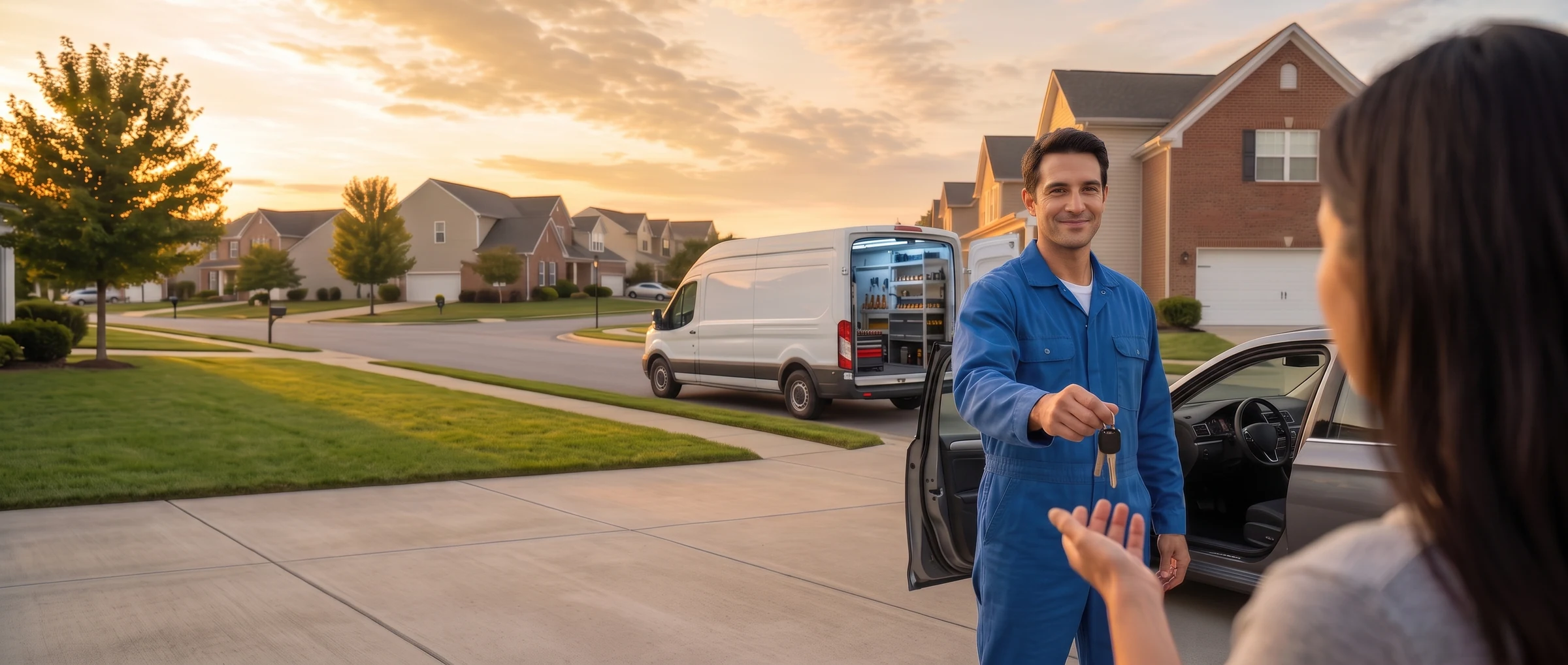 A finished job — keys handed over Locksmith handing over new keys in a driveway at sunset