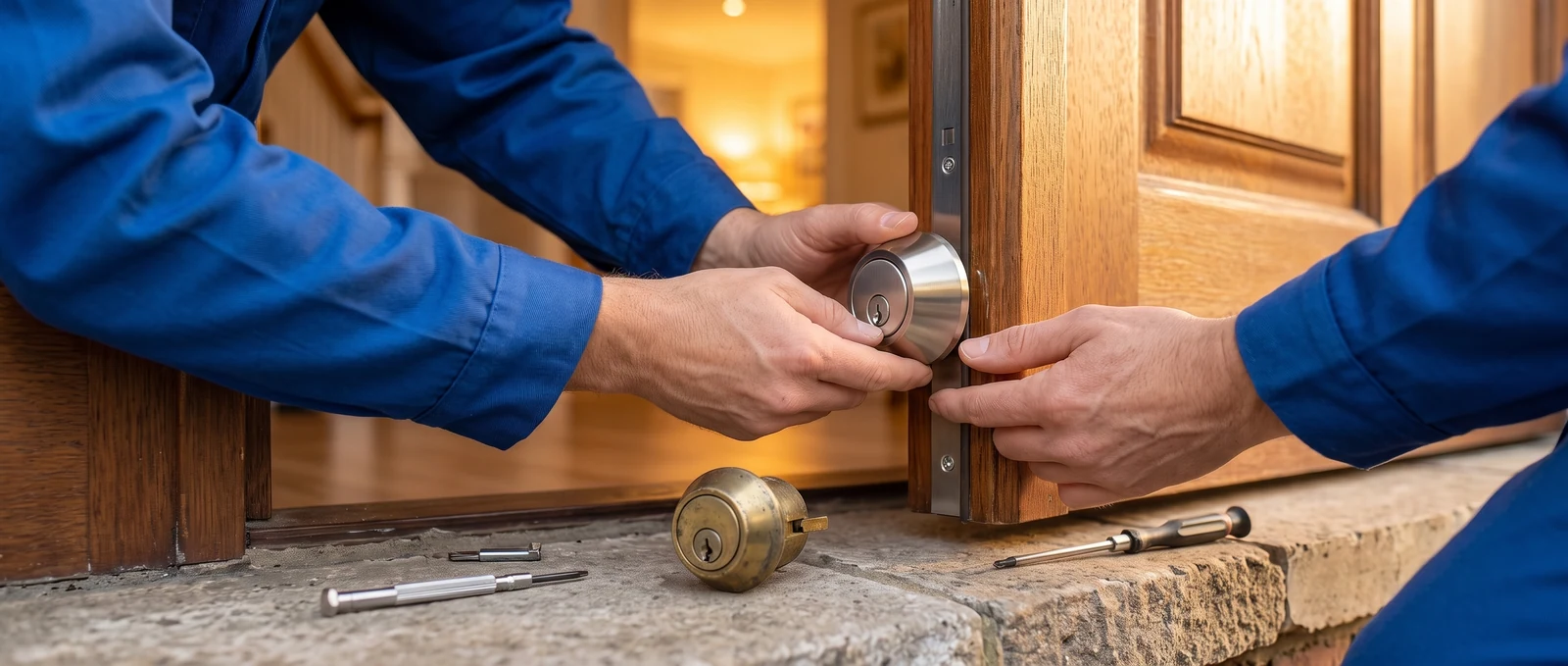 Residential locksmith Locksmith fitting a new deadbolt on a wooden front door