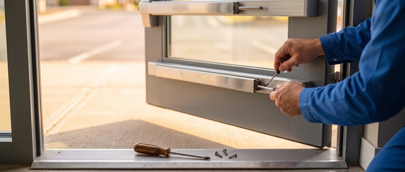 Business and commercial locksmith Locksmith fitting a panic bar on a glass storefront door
