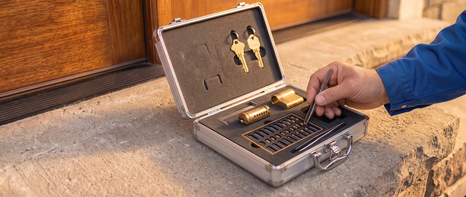 Lock change and rekey Rekeying pins and a brass lock cylinder on a doorstep